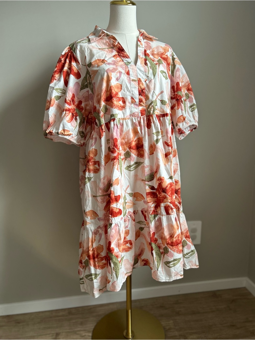 Cotton watercolor Floral Puff-Sleeve Tiered Mini Dress effortless fall pretty